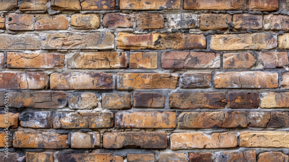 Obraz premium A rustic brick wall with weathered, textured bricks in warm tones.