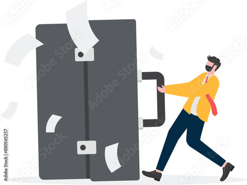 Businessman dragging a huge briefcase walking, vector illustration

