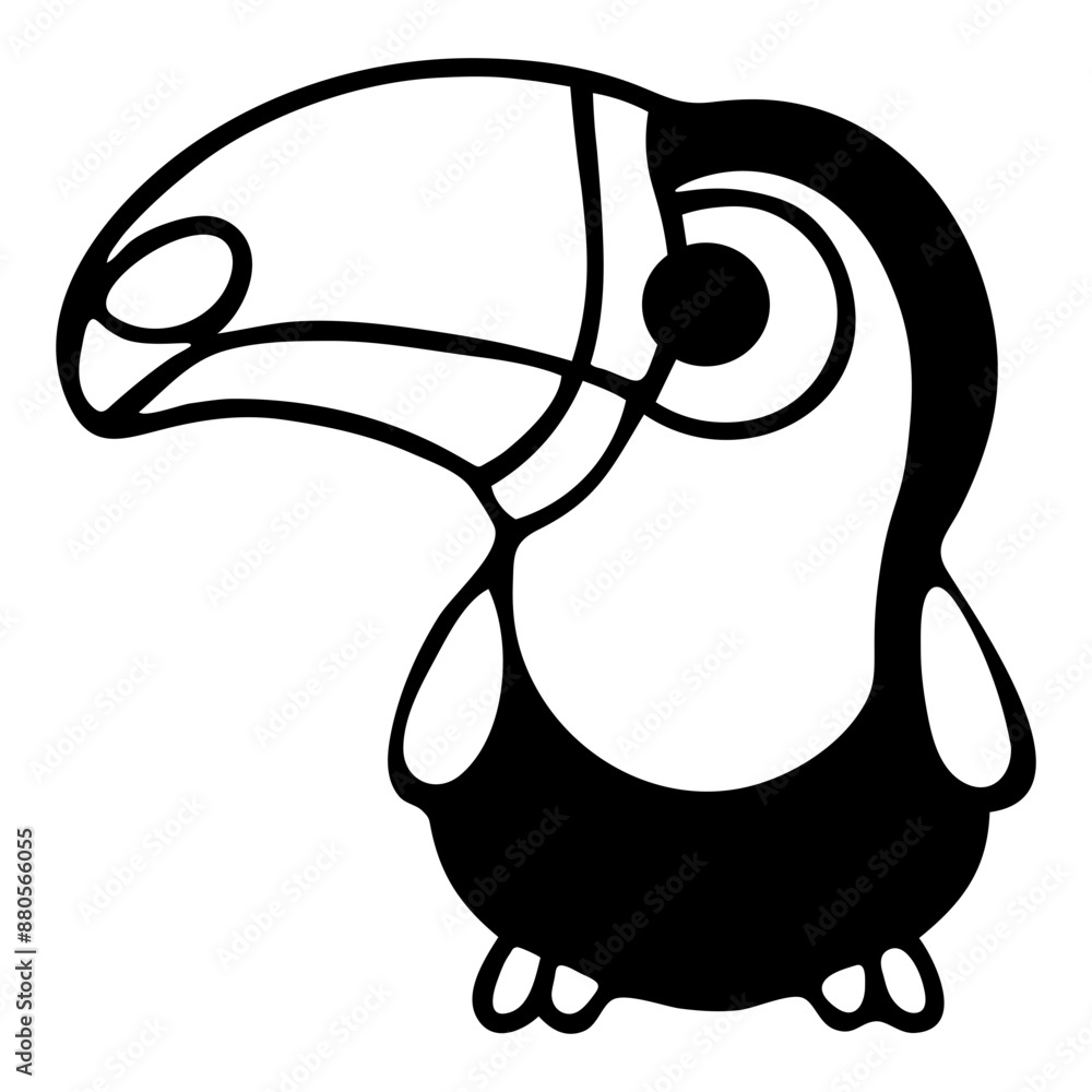 A black and white cartoon-style illustration of a toucan bird with a large beak and a simple, minimalist design A black and white cartoon-style illustration of a toucan bird with a large beak and a simple, minimalist design