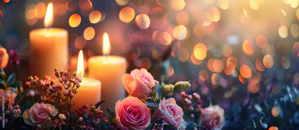 Flowers and candles create a lovely ambiance in the copy space image Flowers and candles create a lovely ambiance in the copy space image