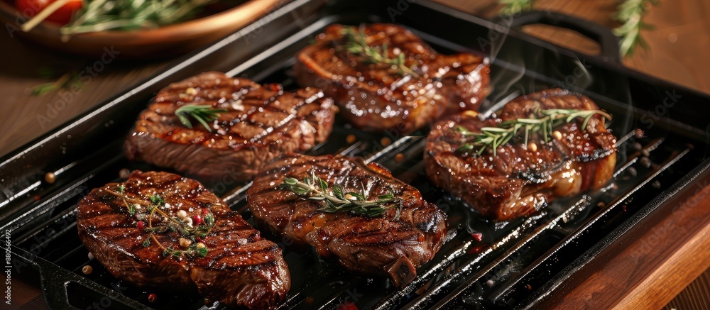 Rib eye steaks grilling on a pan with a background of copy space image Rib eye steaks grilling on a pan with a background of copy space image