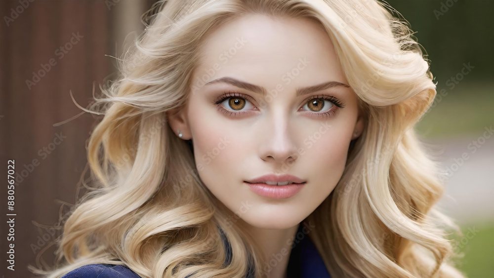 Closeup blond woman. A closeup portrait of a stunning blonde woman with flowing hair and captivating hazel eyes. The woman has flawless skin and delicate features, both striking and elegant. Closeup blond woman. A closeup portrait of a stunning blonde woman with flowing hair and captivating hazel eyes. The woman has flawless skin and delicate features, both striking and elegant.