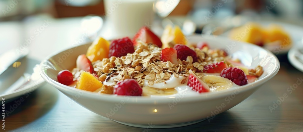 A selective focus copy space image of a bowl of muesli topped with fruit on a table
