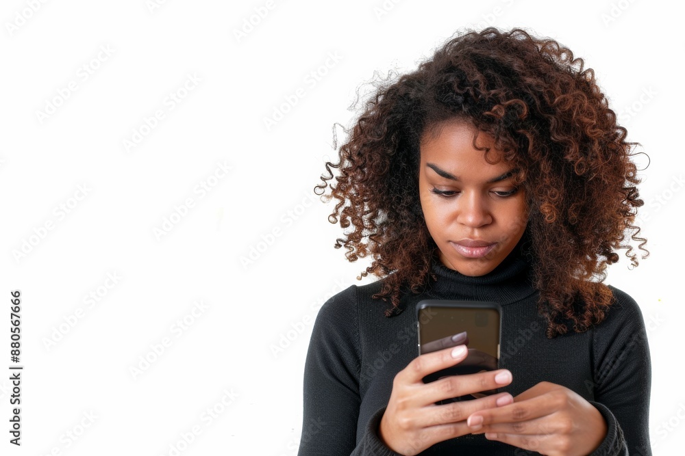 diverse woman using mobile phone isolated on white background with copy space. person on app of smartphone, people and technology. diverse woman using mobile phone isolated on white background with copy space. person on app of smartphone, people and technology.