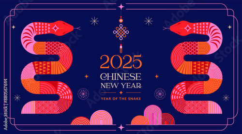 Chinese new year 2025 year of the Snake. Red Snake illustration and design. Red traditional Chinese vector designs with snakes. Lunar new year concept, geometric modern design
