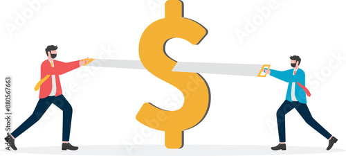 The two men saw off the coupons with a saw, business concept, vector illustration

