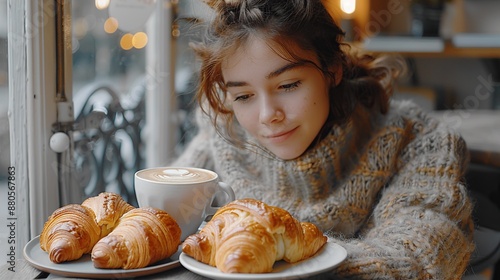 Young Woman Enjoying Breakfast with Croissants and Coffee