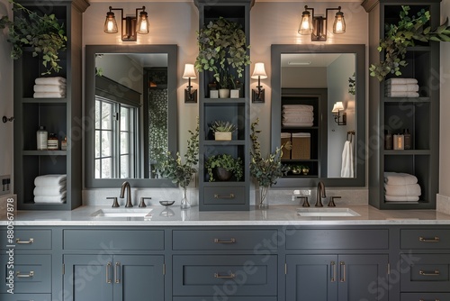 Dark gray square craftsman bathroom with double vanity sinks and framed mirrors with greenery. Floating shelves on the sides add a modern touch. photo