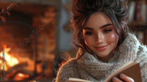 Woman Reading by Fireplace