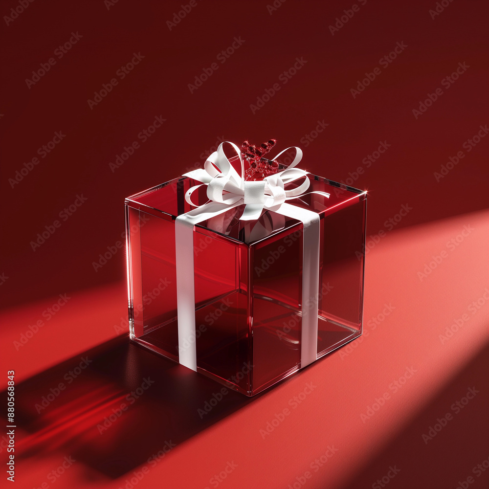 Bold transparent glass red gift box white ribbon reflective surface dramatic lighting lux elegant packaging Christmas Santa crystal present cube retail sales events campaign shop lux exclusive advery Bold transparent glass red gift box white ribbon reflective surface dramatic lighting lux elegant packaging Christmas Santa crystal present cube retail sales events campaign shop lux exclusive advery