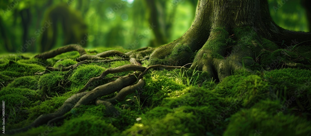 Forest scene with tree roots on green moss background featuring native tree systems Ideal vegetation theme with copy space image Forest scene with tree roots on green moss background featuring native tree systems Ideal vegetation theme with copy space image