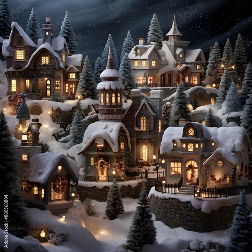 Christmas and New Year background. Christmas trees and houses in the snow.
