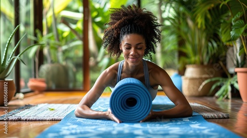 Woman practicing yoga indoors on a mat, in a calm and serene atmosphere