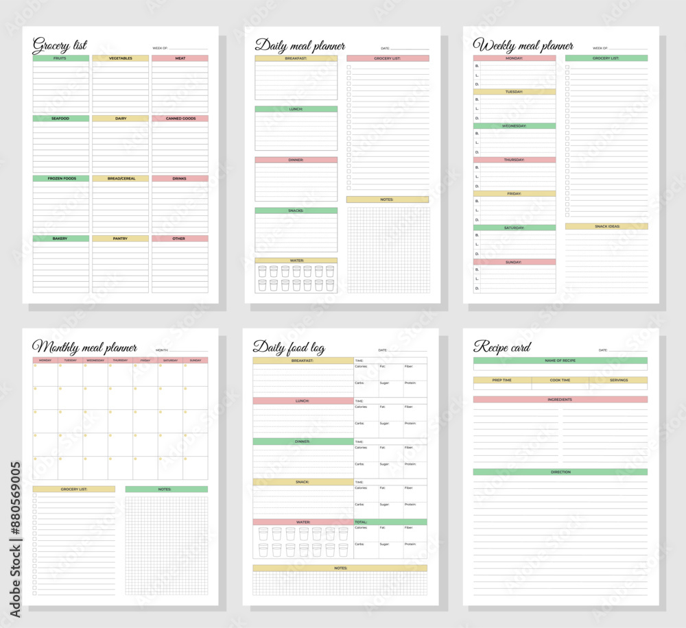 Meal planners set. Daily, weekly, monthly meal planners, daily food log, grocery list and recipe card. A4 printable templates. Meal planners set. Daily, weekly, monthly meal planners, daily food log, grocery list and recipe card. A4 printable templates.