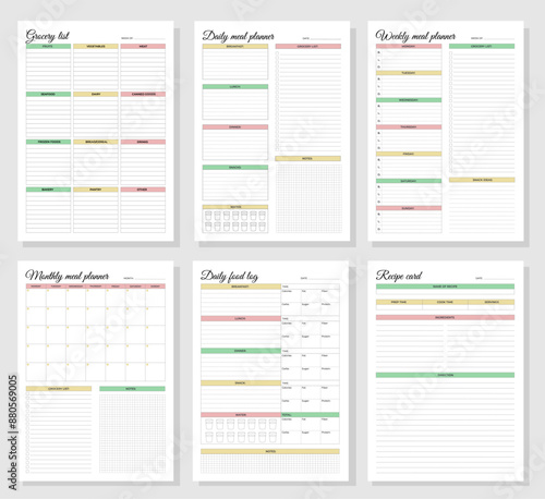 Meal planners set. Daily, weekly, monthly meal planners, daily food log, grocery list and recipe card. A4 printable templates.