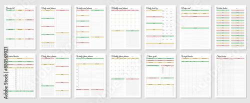 Fitness and meal planners set. Daily, weekly, monthly, workout tracker, fitness goals, weight tracker, daily food log, grocery list, recipe card, water tracker, sleep tracker.