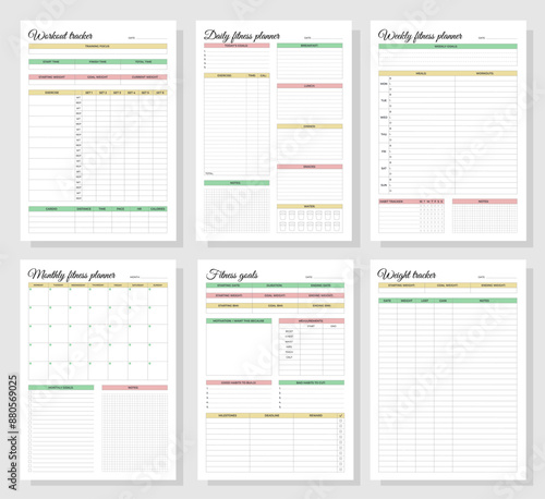 Fitness planners set. Daily, weekly, monthly fitness planners, workout tracker, fitness goals and weight tracker. A4 printable templates.