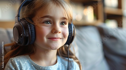 Little Girl Listening to Music with Headphones
