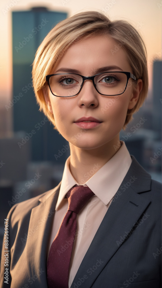 Portrait of a young woman with a short haircut in a business suit against the backdrop of a modern city.