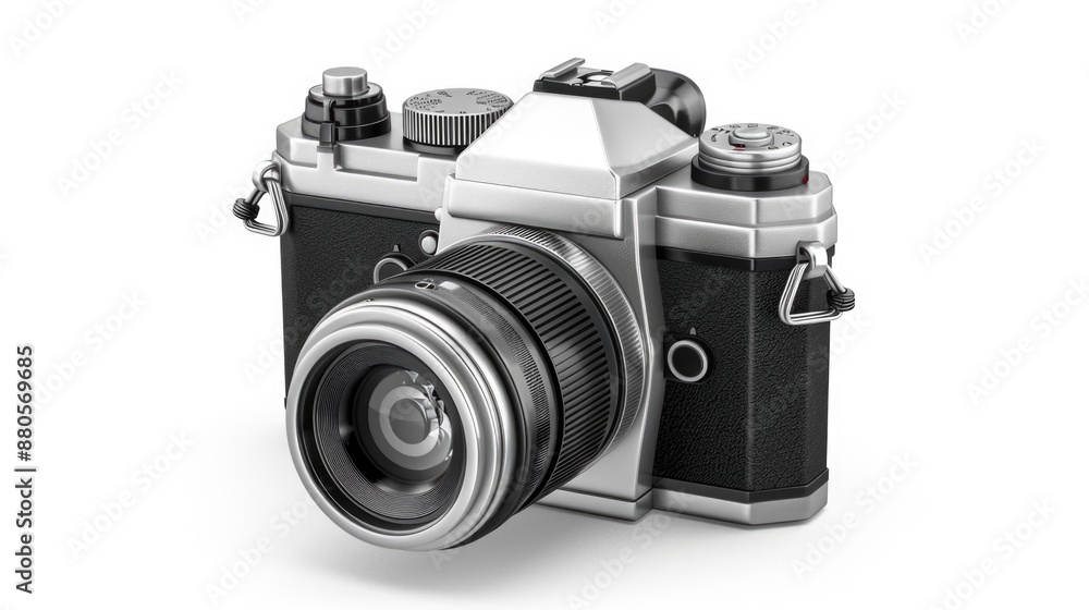 A close-up shot of a silver and black camera sitting on a white surface A close-up shot of a silver and black camera sitting on a white surface