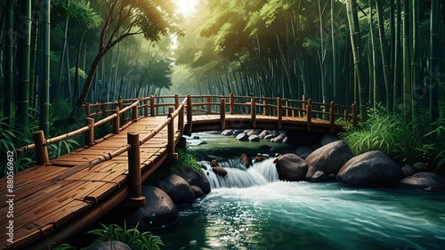 flowing river with wooden bridge in dark bamboo forest. Seamless looping 4k video animation