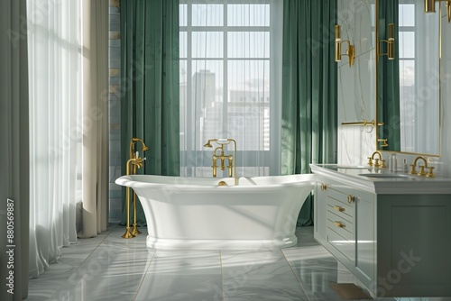 Luxurious bathroom design featuring a white marble bathtub, gold fixtures, and large windows with sheer green curtains. The walls are light grey tiles, and the 