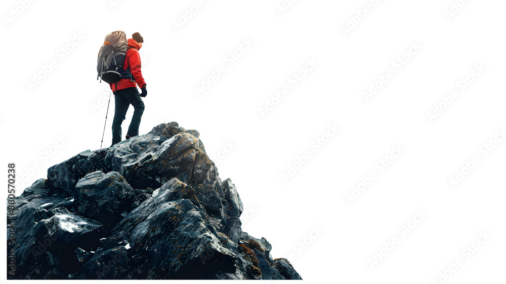 Fototapeta premium Mountain climber on top of mountain isolated on a transparent background, PNG