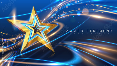 Golden star on a vibrant blue background with swirling lights, perfect for award ceremonies and celebratory events. Vector illustration.