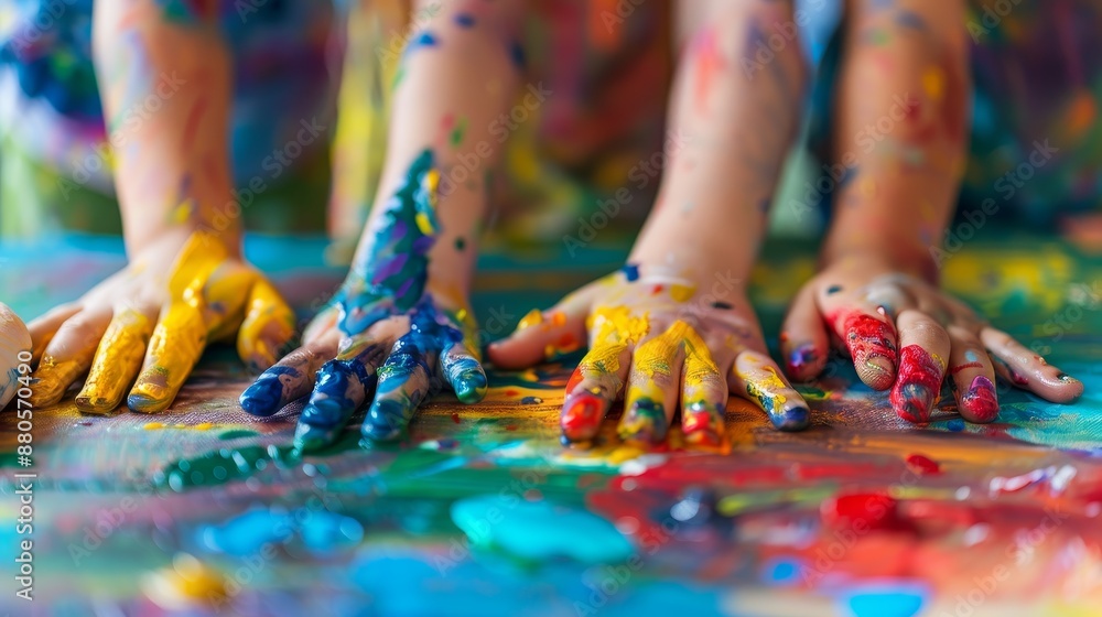 Hands covered in paint, one in blue and one in yellow Hands covered in paint, one in blue and one in yellow