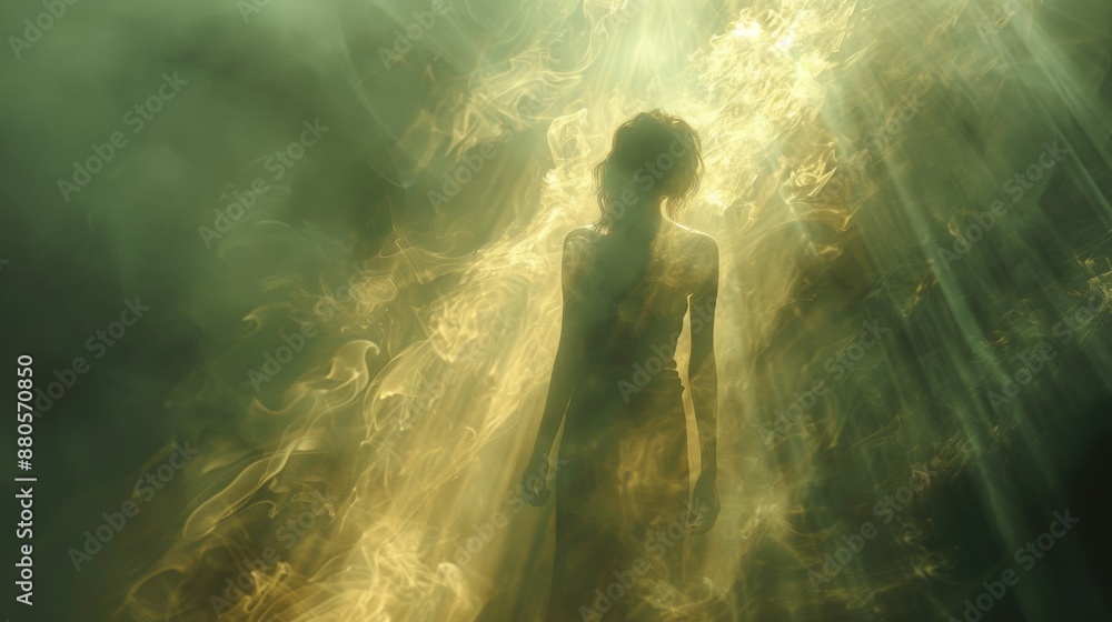 Cinematic capture of a silhouette of a person seeking in whispers, cinematic volumetric smokes. Cinematic capture of a silhouette of a person seeking in whispers, cinematic volumetric smokes.