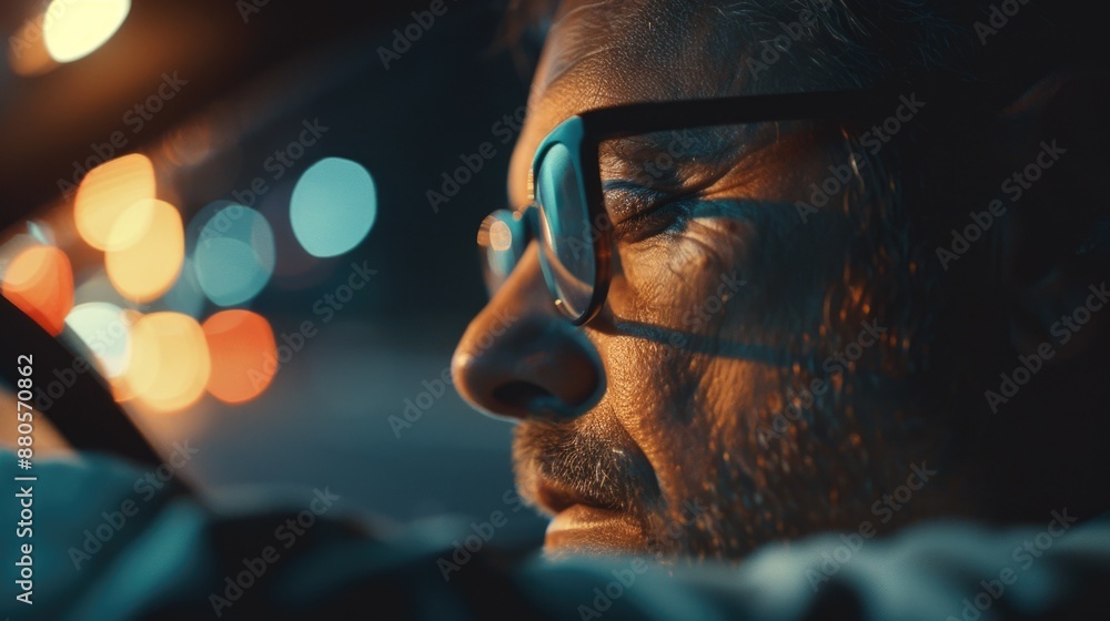A person wearing glasses drives a vehicle at nighttime A person wearing glasses drives a vehicle at nighttime