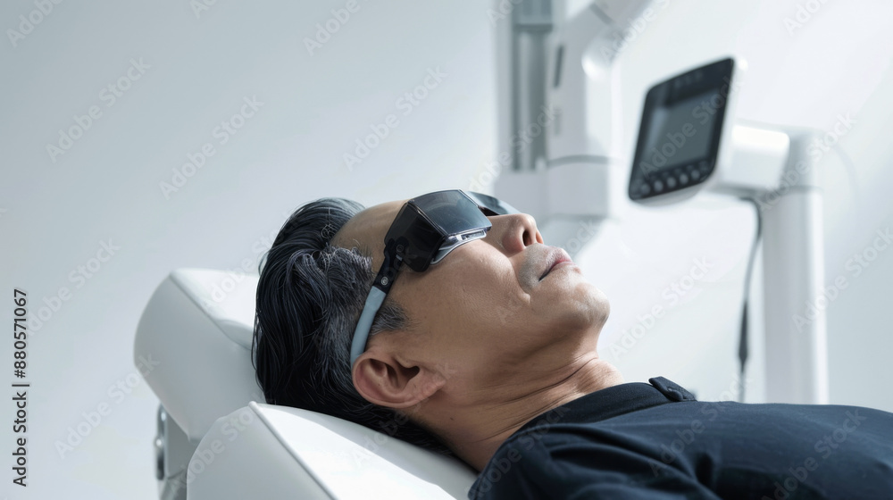 A 50-year-old Korean man having a skincare laser procedure in a clinic A 50-year-old Korean man having a skincare laser procedure in a clinic