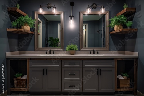 Modern craftsman master bathroom with dark gray walls, double vanity sinks, and plants on framed mirrors. Floating shelves on the sides add a stylish touch. photo