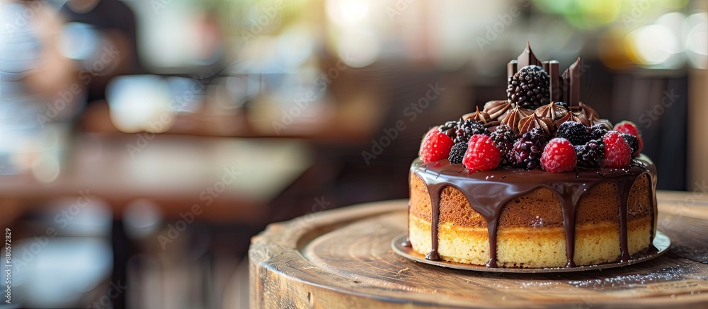 Sponge cake topped with chocolate displayed on a wooden table with copy space image Sponge cake topped with chocolate displayed on a wooden table with copy space image