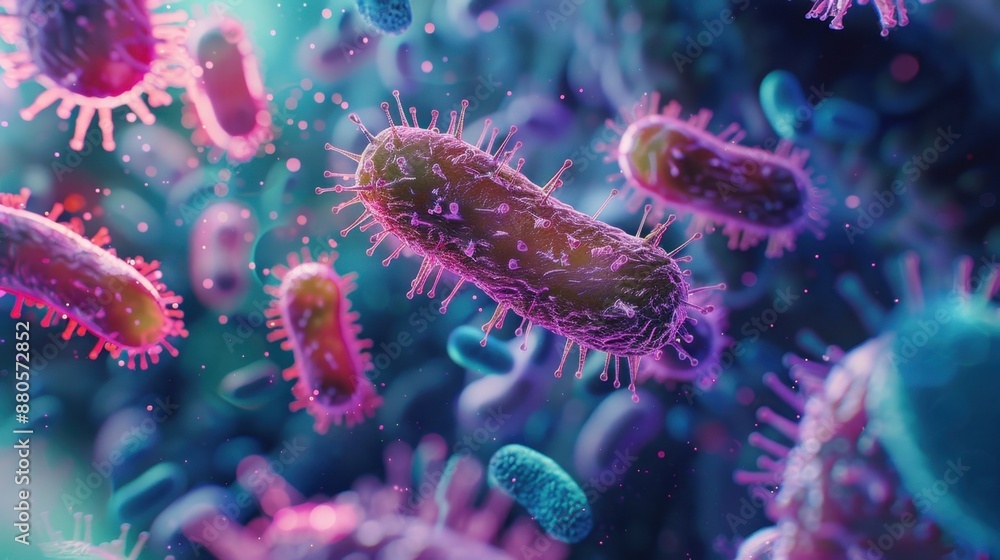 Naklejka premium Microbiome Research: Explores the complex interactions between microorganisms and human health, advancing therapies for digestive disorders and mental well-being. 