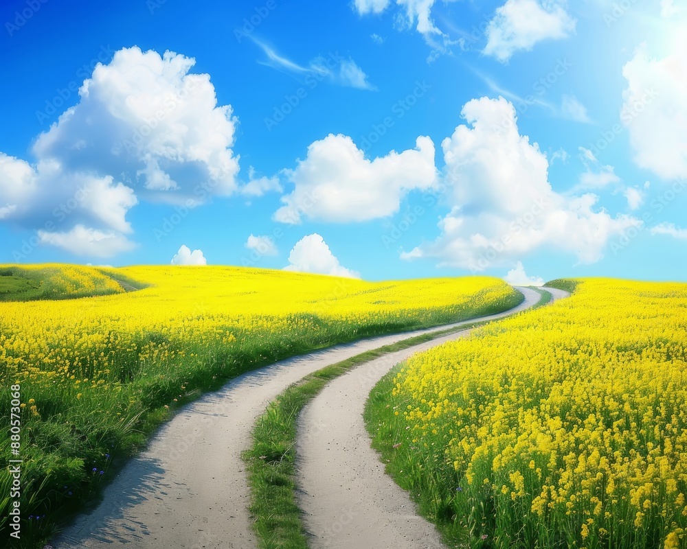 Obraz premium Picturesque countryside road with rapeseed flower fields under spring sky st blade style