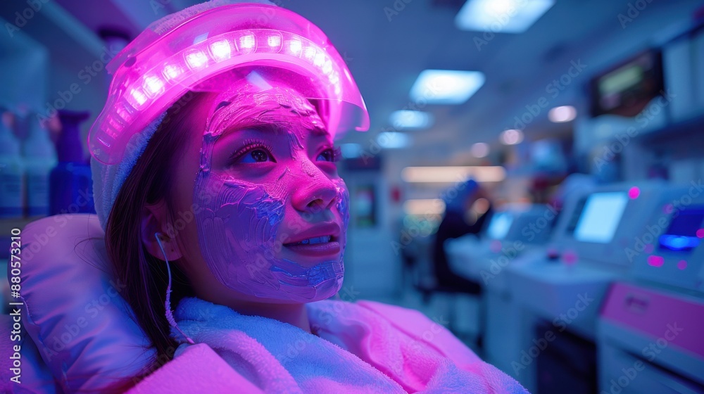 Woman receiving a facial treatment with a LED light therapy mask. Woman receiving a facial treatment with a LED light therapy mask.