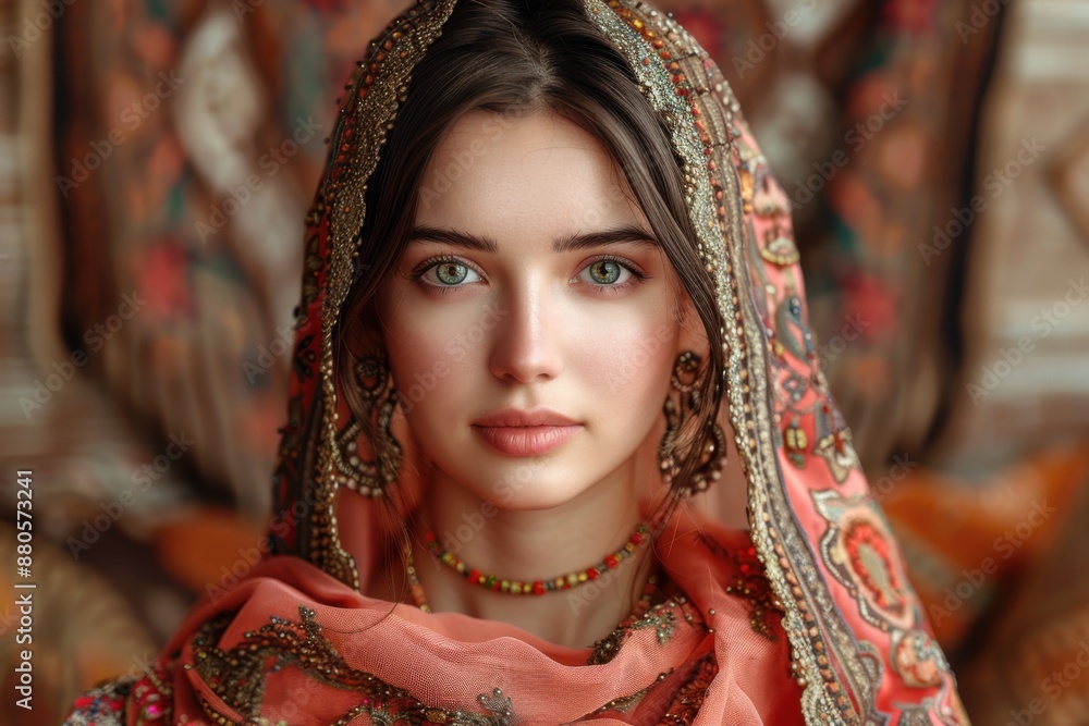 A beautiful woman with blue eyes and long brown hair wears a traditional headscarf and jewelry. A beautiful woman with blue eyes and long brown hair wears a traditional headscarf and jewelry.
