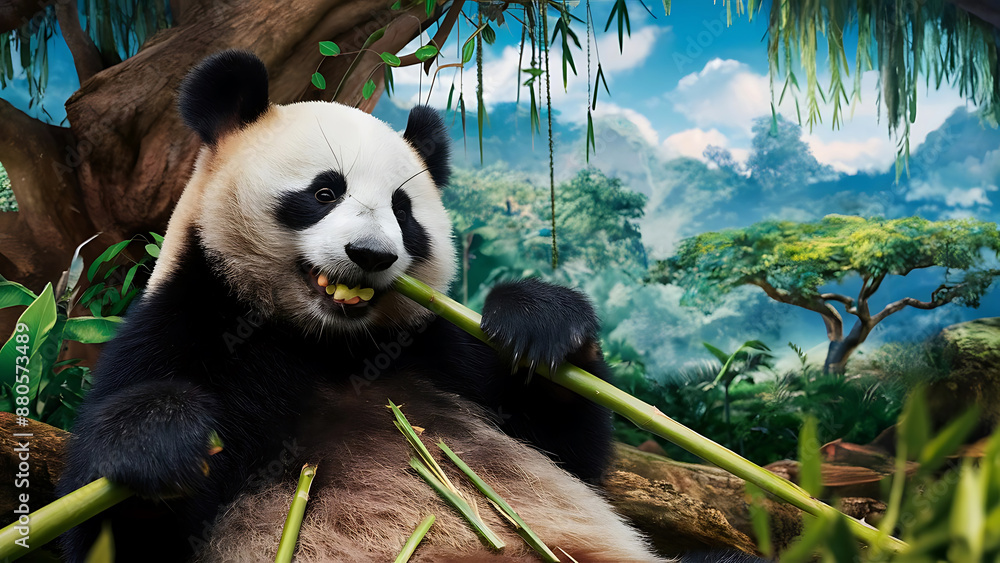 Obraz premium A Charming Photograph of a Lovable Panda Munching. Generative Ai