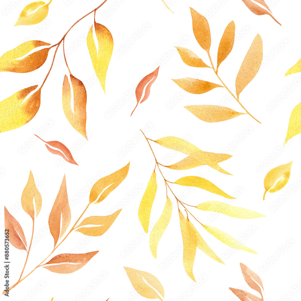 Boho gold leaves pattern seamless. Watercolor illustration of floral elements hand painted. Autumn dried plants in vintage colors on white background Boho gold leaves pattern seamless. Watercolor illustration of floral elements hand painted. Autumn dried plants in vintage colors on white background
