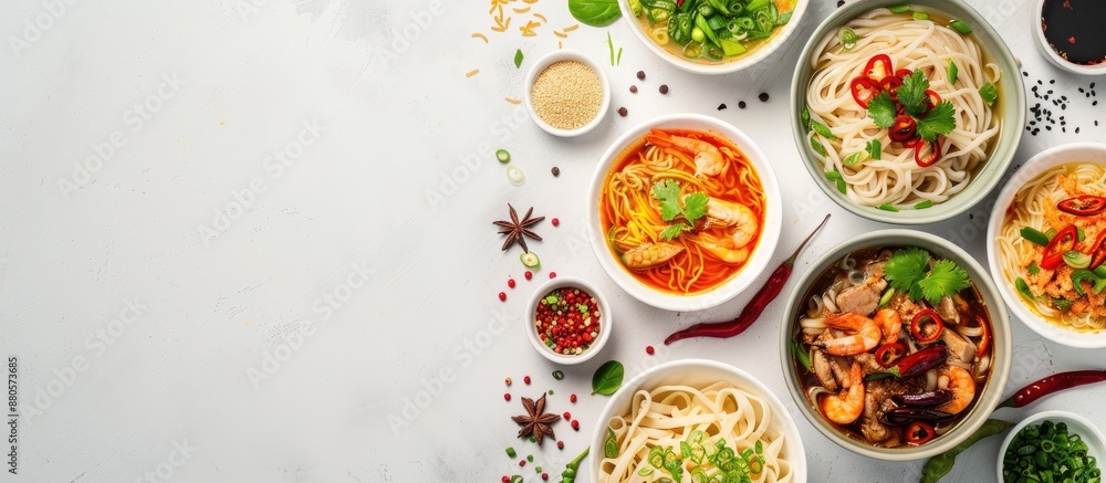 A variety of noodle bowls soup bowls and fresh noodles beautifully arranged on a white background with copy space image A variety of noodle bowls soup bowls and fresh noodles beautifully arranged on a white background with copy space image