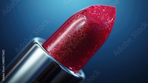 A close-up of a red lipstick with glitter, against a blue background. photo