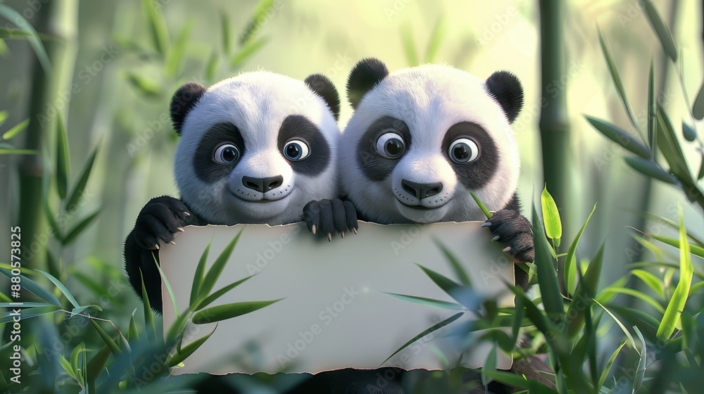 Two adorable pandas holding a blank sign in a bamboo forest Two adorable pandas holding a blank sign in a bamboo forest