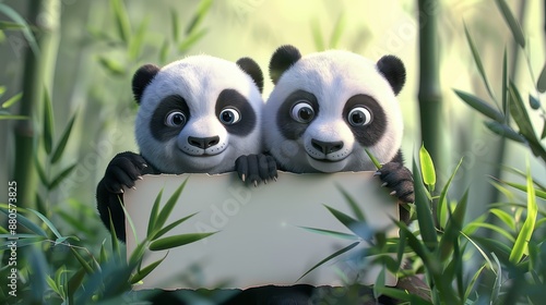 Two adorable pandas holding a blank sign in a bamboo forest photo