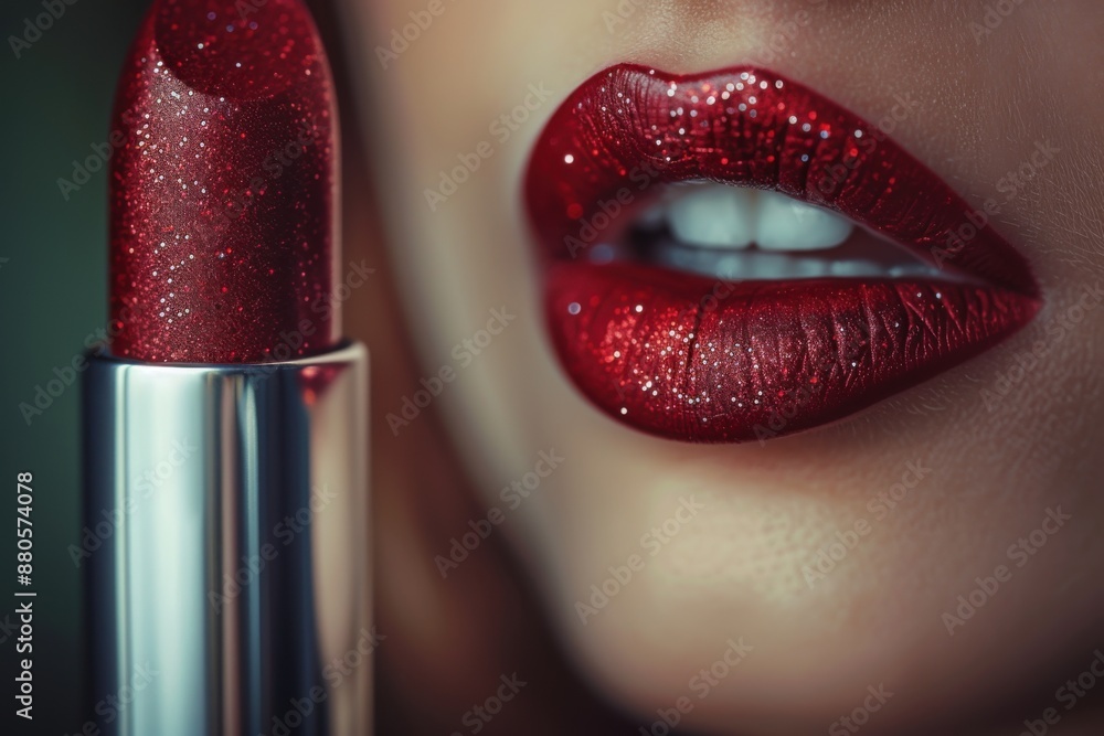 Obraz premium Close-up of a woman's lips with red glitter lipstick. The lipstick tube is partially visible next to the lips.