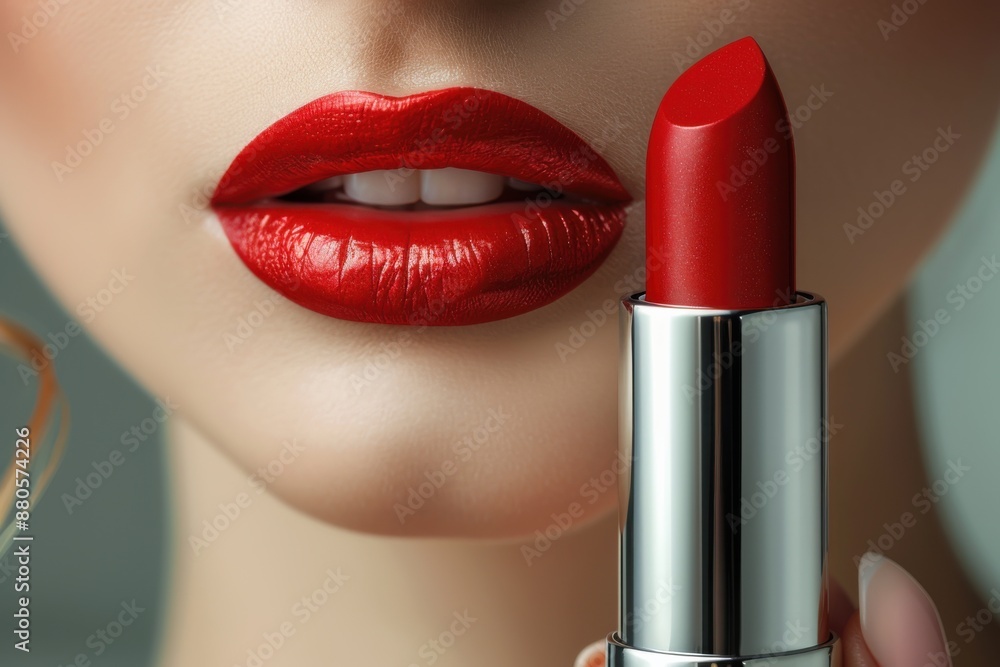 Obraz premium Close up of woman's lips wearing bold red lipstick, with a red lipstick tube beside.