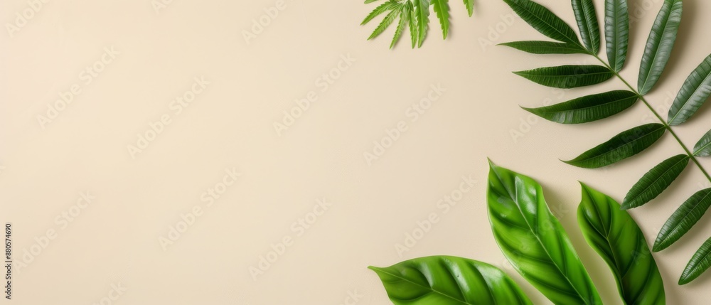 Tropical green leaves on a beige background, providing a natural and serene setting perfect for various design projects and presentations.