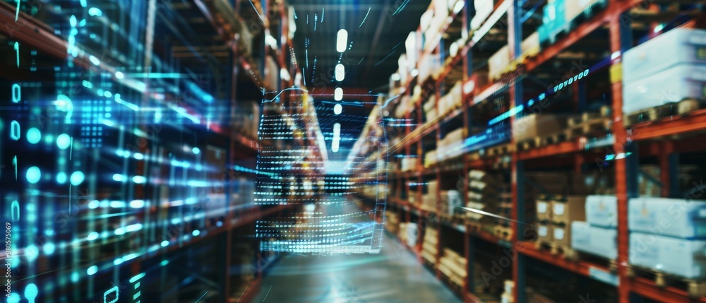 Digital pen writing in warehouse with data visualization, binary code, and futuristic light effects Digital pen writing in warehouse with data visualization, binary code, and futuristic light effects