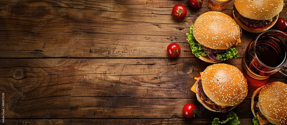 Top down view of tasty cheeseburgers and beverages on a wooden surface with blank area for text ideal for a copy space image Top down view of tasty cheeseburgers and beverages on a wooden surface with blank area for text ideal for a copy space image