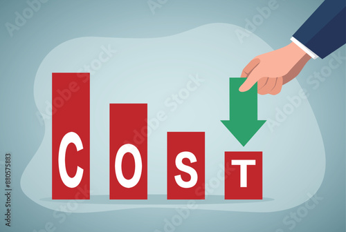 Businessman's hand holding green down arrow put on COST bar chart. Lean optimize manufacturing. Decreasing company expense to maximize profits. Business process improvement to reduce cost.